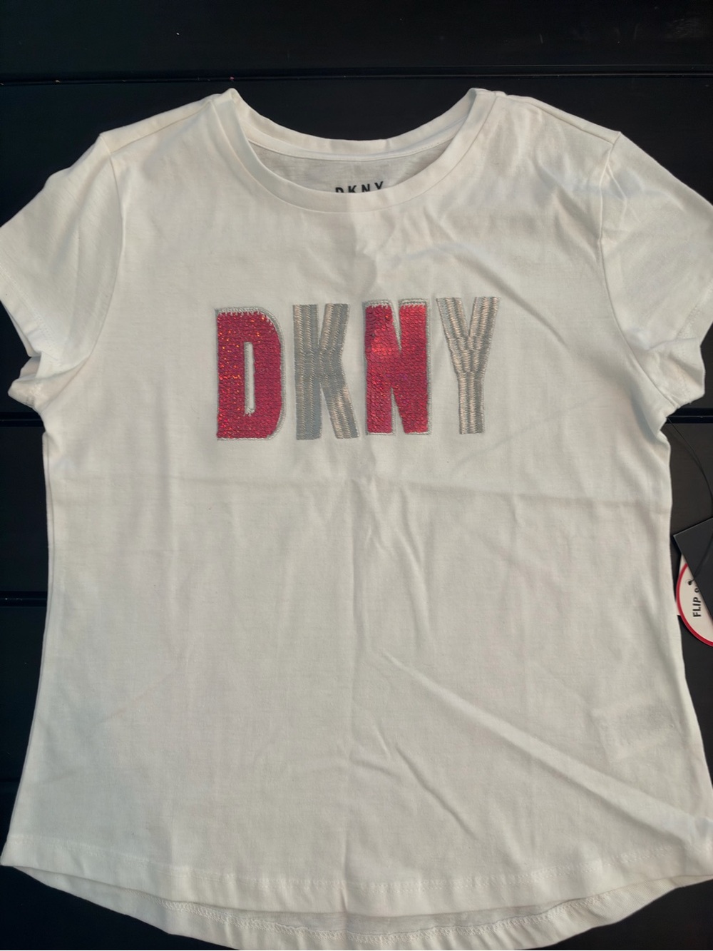 DKNY Girls' White Short-Sleeve Logo Tee - Red & Silver Sparkle